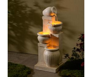 Teamson Home Garden Outdoor Water Feature, Solar Powered 4-Tier Cascading Bowl Water Fountain, With Led Lights, Natural Finish