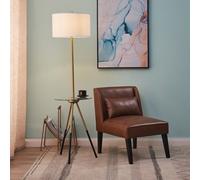 Teamson Home Tall Tri Pod Modern Standing LED Floor Lamp with Clear Glass Tabletop and Built in USB Charging Port. White Drum Shade, Gold Stand, Black