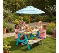 Teamson Kids Children's Wooden Picnic Table With Umbrella For Outdoor Garden Play, Blue