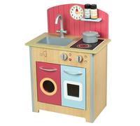 Teamson Kids Little Chef Porto Classic Interactive Wooden Play Kitchen with a Sink, Oven, and Storage Space for Easy Clean Up, Wood with Red Back Splash