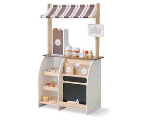 Teamson Kids Espresso Treats Wooden Coffee Stand Playset | Toy Espresso Machine, Pastries & Cups, Chalkboard Menu, Open/Closed Sign, 29 Accessories & Storage
