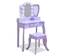Teamson Kids Heart-Shaped Vanity In Violet With Led Lights, Triple Mirror, Stool & Storage Drawers