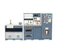 Teamson Kids Little Chef Atlanta Modular Wooden Play Kitchen Set, Blue & Gold 3-Piece Layout with Ice Dispenser, Magnetic Fridge Door, Click Knobs, Storage & 17 Accessories Included