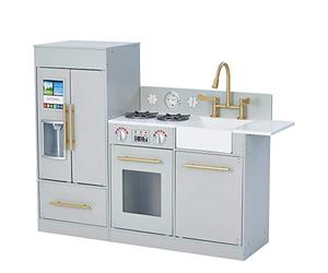 Teamson Kids Little Chef Charlotte Modern Modular Interactive Wooden Play Kitchen with Refrigerator, Stove and Sink in Grey with Gold Accents