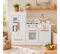 Teamson Kids Little Chef Charlotte Modern Modular Interactive Wooden Play Kitchen with Refrigerator, Stove and Sink in White with Gold Finishes