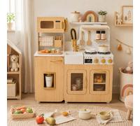 Teamson Kids Little Chef Cyprus Wooden Play Kitchen in Oak with Marble Counter, 14 Accessories, Click Knobs, Shelves & Hooks for Creative Role Play