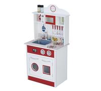 Teamson Kids Little Chef Madrid Classic Interactive Wooden Play Kitchen with Sink, Oven and Microwave and Storage Space for Easy Clean Up, White with Red Accents