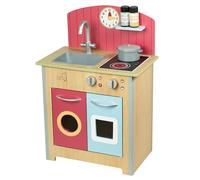Teamson Kids Little Chef Porto Classic Interactive Wooden Play Kitchen with a Sink, Oven, and Storage Space for Easy Clean Up, Wood with Red Back Splash