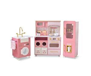 Teamson Kids Little Chef Savannah Wooden Play Kitchen Set, Pink | 3-Piece Modular Kitchen, Ice Maker, Pop-Up Toaster, Washer Unit, Recycling Bins Included, 21 Accessories Included