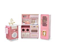 Teamson Kids Little Chef Savannah Wooden Play Kitchen Set, Pink 3-Piece Modular Kitchen with Ice Maker, Pop-Up Toaster, Washer Unit, Recycling Bins & 21 Accessories Included