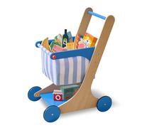 Teamson Kids Little Helper Mr. Fresh Wooden Shopping Cart with 13 Play Food Items, Soft Wheels, Ergonomic Handle & Fabric Basket for Toddlers in Blue
