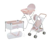 Teamson Kids Polka Dot 3-Pc Nursery Set - Crib, High Chair & Stroller For Baby Dolls, Pink/grey
