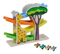 Teamson Kids Preschool Wooden Car Ramp Racer Toy Click Clack Racetrack Garage With 4 Safari Cars UK-PS-T0007 Multicolor