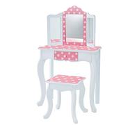 Teamson Kids Princess Gisele Polka Dot 2-Piece Wooden Play Vanity Set | Vanity Table, Tri-Fold Mirror, Storage Drawer, Matching Stool, White with White/Pink Polka Dot Accent