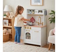 Teamson Kids Little Chef Boston Compact Farmhouse Interactive Wooden Play Kitchen with Sink, Oven, Microwave and Storage Space for Easy Clean Up, White with Gold Finishes