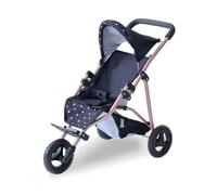 Teamson Kids Jogging Doll Stroller in Black with Pink Polka Dots, Adjustable Canopy, Secure Harness, Storage Basket & Soft Handle for Caring Pretend Play