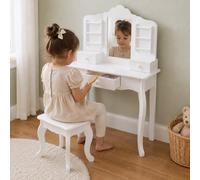 Teamson Kids Play Vanity Table Set, Children's Dressing Table With Mirror & Stool - White