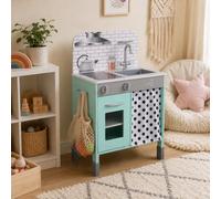 Teamson Kids Wooden Play Kitchen Pretend Play Kitchen with Interactive Role Play Oven, Sink and Curtain, Adjustable Leg Height, Little Chef Philly