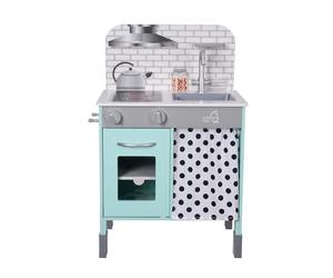 Teamson Kids Wooden Play Kitchen Pretend Play Kitchen with Interactive Role Play Oven, Sink and Curtain, Adjustable Leg Height, Little Chef Philly
