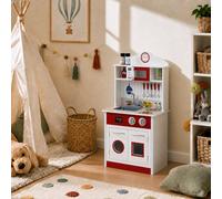 Teamson Kids Little Chef Madrid Classic Interactive Wooden Play Kitchen with Sink, Oven and Microwave and Storage Space for Easy Clean Up, White with Red Accents