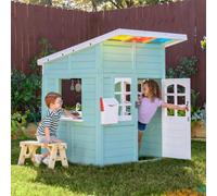 Teamson Kids Wooden Playhouse Wendy House With Rainbow Shade, Kitchen, Flower Box & Bench, Mint