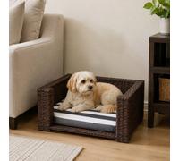 Teamson Pets Clotho Indoor Outdoor Rattan Cat or Small Dog Elevated Bed Lounger with Removeable Washable Cushion Brown ST-N10005-UK