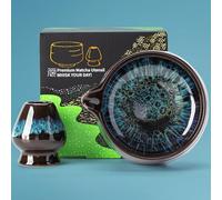 TEANAGOO 2 Pcs Matcha Bowl with Spout,Ceramic 17.2oz/510ml Matcha Bowl Set and Whisk Holder,Blue Matcha Chawan with Stand, Green Tea Mixing Bowl, Gift for Friend/Family