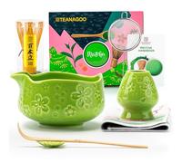 TEANAGOO 7-PCS Green Matcha Whisk Set with Cherry Blossom Design, Complete Matcha Kit, Ceramic Chawan Bowl with Spout, Whisk & Accessories, Traditional Matcha Tea Set for Lattes& Gift Giving