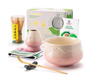 TEANAGOO 7 Pcs Matcha Set, Pink Matcha Kit, Ceremony Matcha Powder Kit, Matcha Tea Set for Making Latte, Matcha Whisk and Bowl with Scoop & Sifter, Fuji Design Ceramic Bowl, Gift for Matcha Lovers, Ne