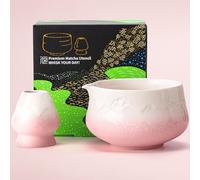 TEANAGOO Matcha Bowl with Spout,2-Pcs Fuji Design Ceramic Bowl and Whisk Holder(chawan),18.9oz/560ml Pink Matcha Bowl with Stand, Gift Set for Friend/Family
