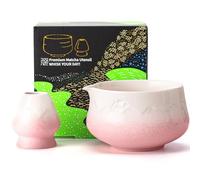 TEANAGOO Matcha Bowl with Spout,2-Pcs Fuji Design Ceramic Bowl and Whisk Holder(chawan),18.9oz/560ml Pink Matcha Bowl with Stand, Gift Set for Friend/Family
