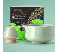 TEANAGOO Matcha Bowl with Spout,Ceramic Matcha Bowl Set and Whisk Holder,2 PCS Macha Chawan 17.2oz/510ml,Matte Light Green with Black Seam with Stand,Green Tea Bowl,Gift Set for Lover