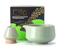 TEANAGOO Matcha Bowl with Spout,Ceramic Matcha Bowl Set and Whisk Holder,2 PCS Macha Chawan 17.2oz/510ml,Matte Light Green with Black Seam with Stand,Green Tea Bowl,Gift Set for Matcha Lover