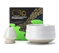 TEANAGOO Matcha Bowl with Spout,Ceramic Matcha Bowl Set and Whisk Holder,2 PCS Macha Chawan 18 oz / 510ML,Ivory White Cup with Stand,Green Tea Bowl,Gift Set for Lover