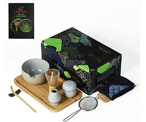 TEANAGOO Matcha Ceremony Set with tray, Japanese Tea Set, Matcha Bowl with Pouring Spout, Matcha Bamboo Whisk, Scoop, Sifter, Matcha Whisk Holder, Matcha whisk stand, Tea Powder Cainister, O2, Dk.Grey