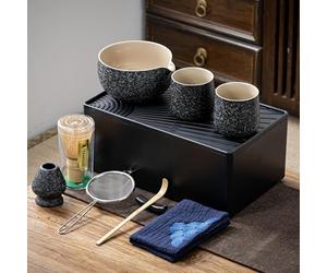 TEANAGOO Matcha Kit + 2 Cups with Storage Box, 12 Pcs Travel Matcha Tea Set, Ceramic Matcha Bowl (18oz), Matcha Cup(7.2oz), Bamboo Whisk(百本立), Sifter, WS1, Rock Charcoal Grey, Best Matcha Gift