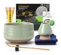 TEANAGOO Matcha Set 7-pc, Blue-Green, Ceramic Bowl, Bamboo Whisk | 7-pc Ceramic Bowl 7-pc, 18 OZ, Bamboo Whisk 100 Prongs, Scoop, Sifter, Holders, Cloth, Handbook, lead-free