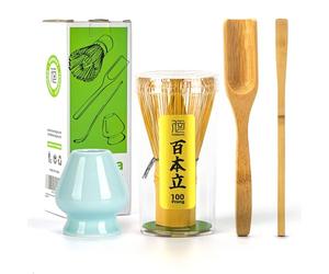TEANAGOO Matcha Set, Bamboo Whisk (Chasen), 4 Pcs Matcha Kit，Traditional Scoop (Chashaku), Blue Celadon Whisk Holder, Perfect for Matcha Latte & Traditional Ceremonies | Premium Matcha Gift Set
