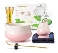 TEANAGOO Matcha Set with Spout, Snowy Blush, Ceramic Bowl, Bamboo Whisk | 7-pc Ceramic Bowl with Spout, 18 OZ, Bamboo Whisk 100 Prongs, Scoop, Sifter, Holders, Cloth, Handbook, lead-free