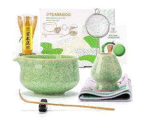 TEANAGOO Matcha Whisk Set,7 Pcs Matcha Set Green,Ceremony Matcha Kit,Matcha Tea Set for Making Latte,Ceramic Bowl(chawan) Whith Spout and Whisk,Gift for Matcha Lovers