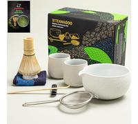 TEANAGOO Matcha Whisk Set Matcha Bowl with Pouring Spout Bamboo Matcha Whisk Scoop Matcha Whisk Holder Tea Making Kit. 1 Japanese Tea Set (7pcs) +2 Cups(7.2oz), S3,Lt.Grey, Color Box Packing