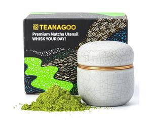 TEANAGOO Portable Ceramic Matcha Tea Canister | 2.8oz Double Sealed Storage Container with Aluminium Lid, Compact Design, Ideal for Travel Kitchen, X5, Ivory White with Black Stitching