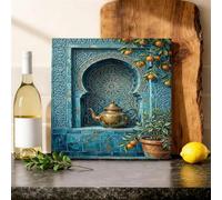 Teapot Canvas Kitchen Wall Art, Moroccan Traditional Oranges Mosaic None Turquoise Wall Paintings Prints Hanging Art Dining Room Bathroom Restaurant Bedroom Decor 12x12 Inch
