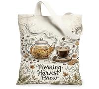 Teapot Canvas Tote Bag for Women, Rustic Fanciful Coffee Cup Leaves Fall Brown Washable Reusable Grocery Bag Ideas for Outdoor Travel Workday Reading 13x15 Inch