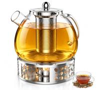 Teapot with Warmer, 1.5 L Glass Teapot with Strainer Insert, Glass Teapot