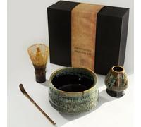 Teapro Japanese Matcha Set: Purple Bamboo Matcha Whisk & Scoop, Artisan Ceramic Matcha Bowl & Whisk Holder in Blue, Matcha Starter Kit | Traditional Matcha Gift Set