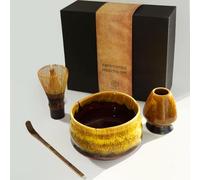 teapro Japanese Matcha Set: Purple Bamboo Matcha Whisk & Scoop, Artisan Yellow Ceramic Matcha Bowl & Whisk Holder, Matcha Starter Kit | Traditional Matcha Gift Set