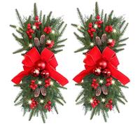 Teardrop Christmas Swag 2Pcs 18x8in Light Up Artificial with Bowknot Berry Ball for Stairs Railing xmas Decor- Christmas Stairs Decorations