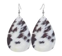 Teardrop Dangle Earrings Brown Cowhide, Cow Skin Print Pattern, Luxurious Teardrop Faux Leather Earrings Fashionable Pierced Earring For Women Festival Married