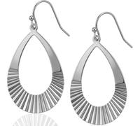 Teardrop Dangle Earrings, Silver Tone, Open Pear Shape, Ridged Detail, French Hook, 1.5 Inch